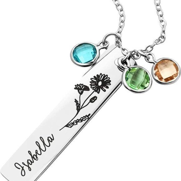 Silver Custom Birthstone Necklace Birth Flower Name Personalized Gift fo… - Picture 2 of 13